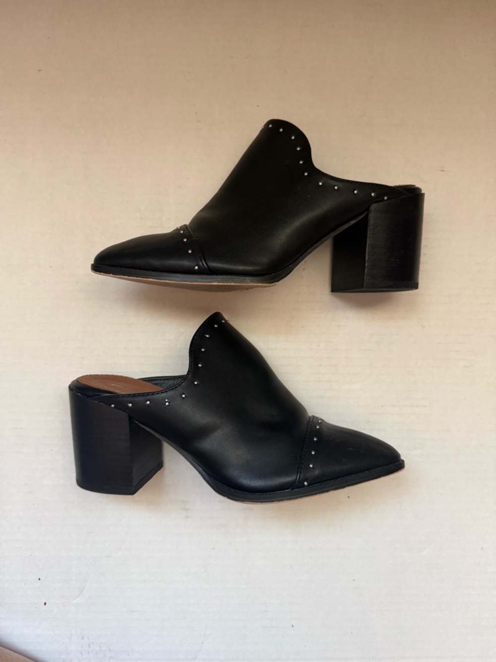 Black Studded Leather Mule Heels - Women